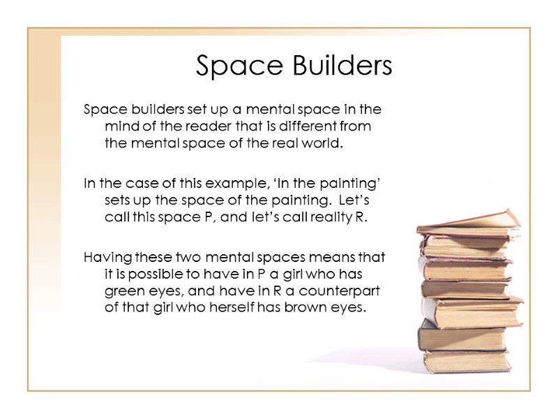 Space Builders Space builders set up a mental space in the mind of the